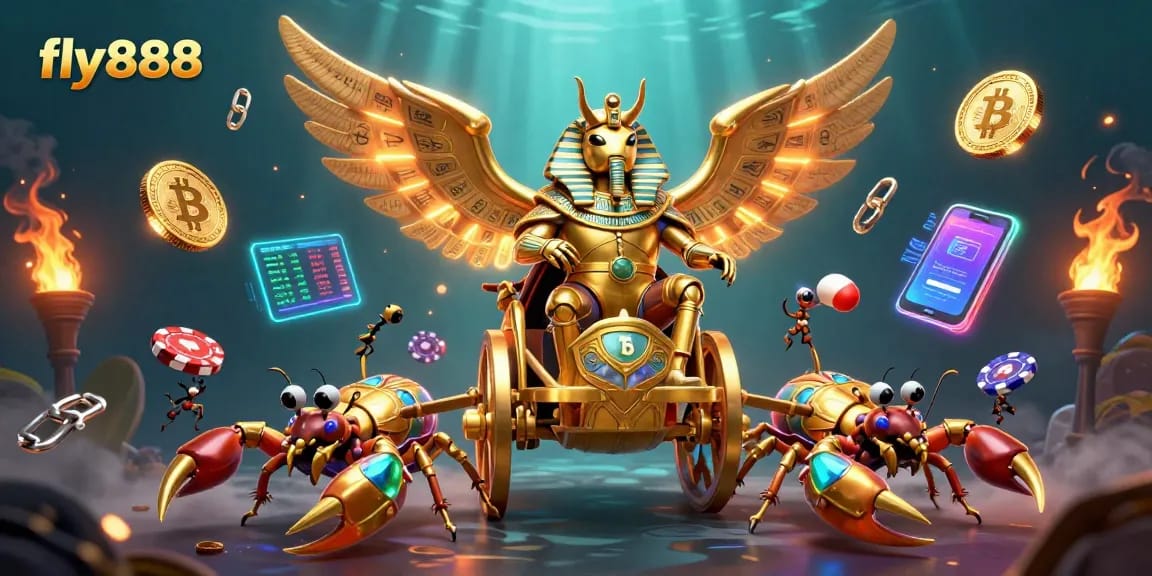 Engage in the thrilling world of fly888 with a vibrant display of casino elements and characters.
