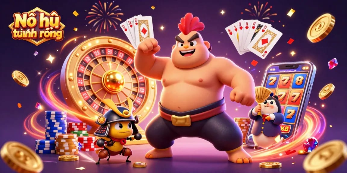 Nổ hũ thủ lĩnh rồng showcases a vibrant scene with characters celebrating big casino wins, featuring dynamic game elements.