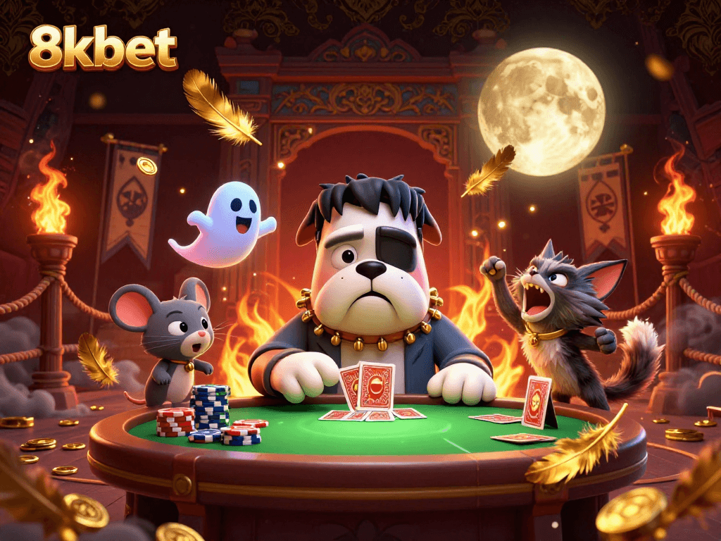 A lively scene at 8xbet featuring a Frankenstein bulldog and a werewolf kitten engaging in card games amidst golden casino elements.