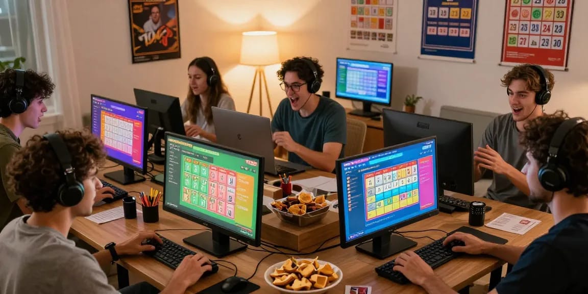 Engaging scene of Togel players enjoying Pasaran Togel Terlengkap on various devices in a cozy setting.