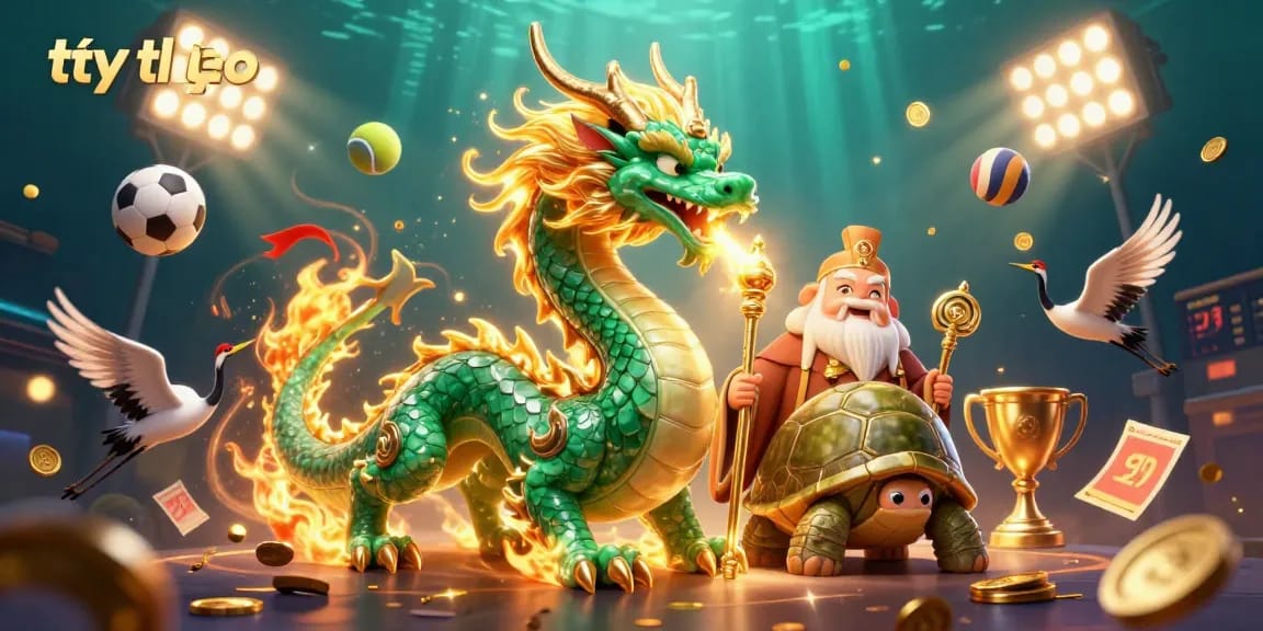 Betting with tỷ lệ kèo featuring an emerald dragon and wise turtle in a dynamic sports scene.