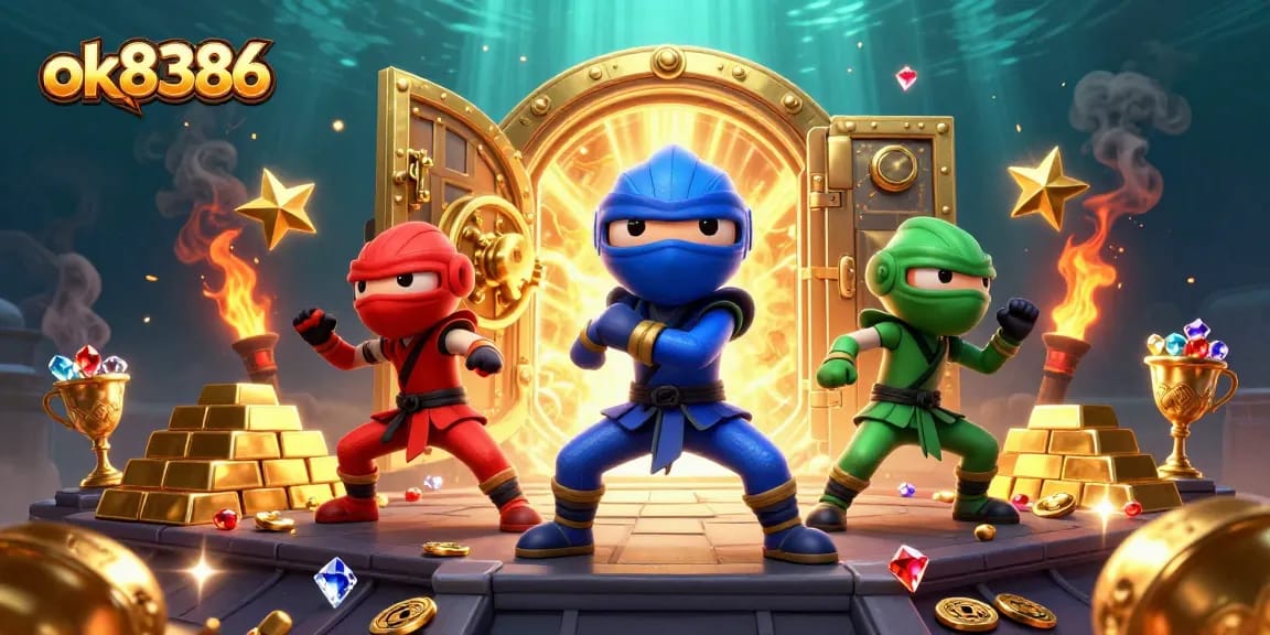 Engage in thrilling gameplay with ok8386, as ninja chameleons showcase martial arts amid treasures.