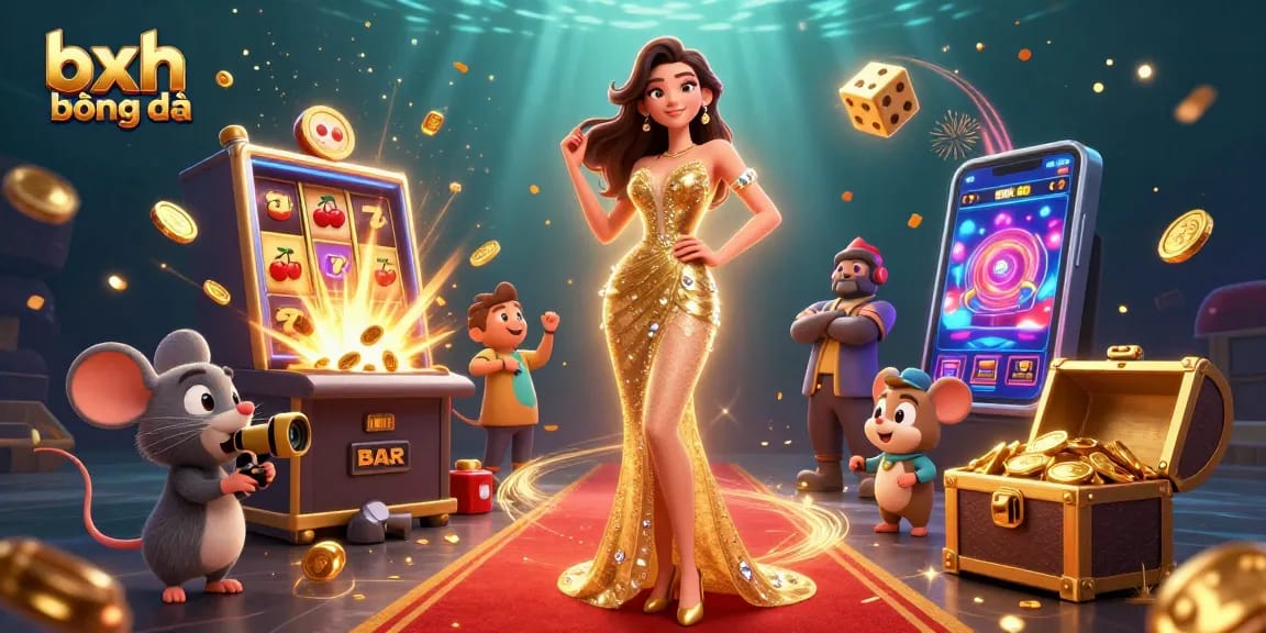 Engage with bxh bóng đá through this immersive 3D illustration showcasing dynamic gambling elements and festive gaming atmosphere.
