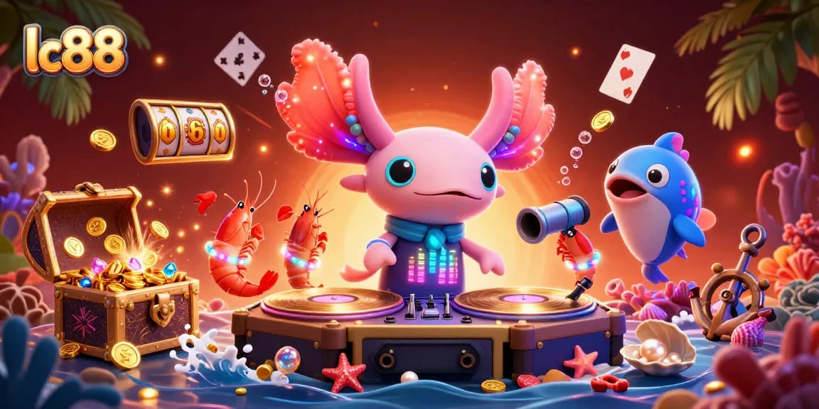 Engage with lc88’s vibrant casino scene featuring a neon axolotl DJ and playful sea creatures.