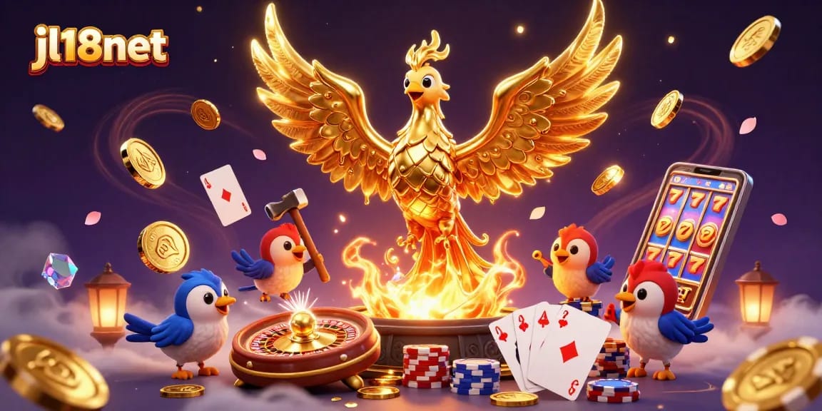 Experience greatness at jl18net with this vibrant casino scene featuring a golden phoenix and thrilling games.