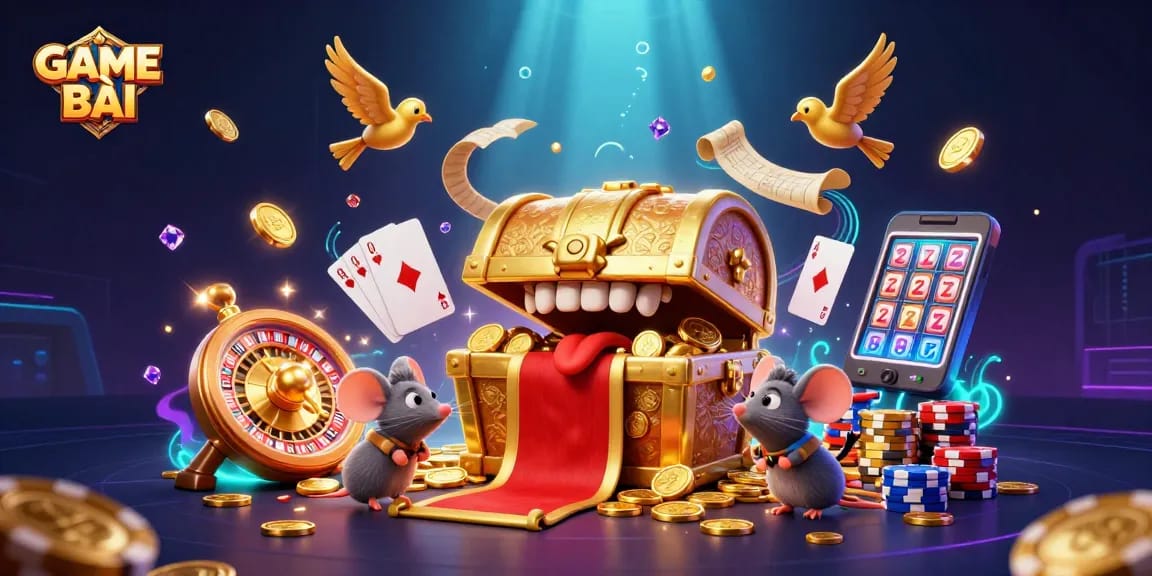Engage with GAME BÀI through a vibrant scene of golden treasures and dynamic casino elements.