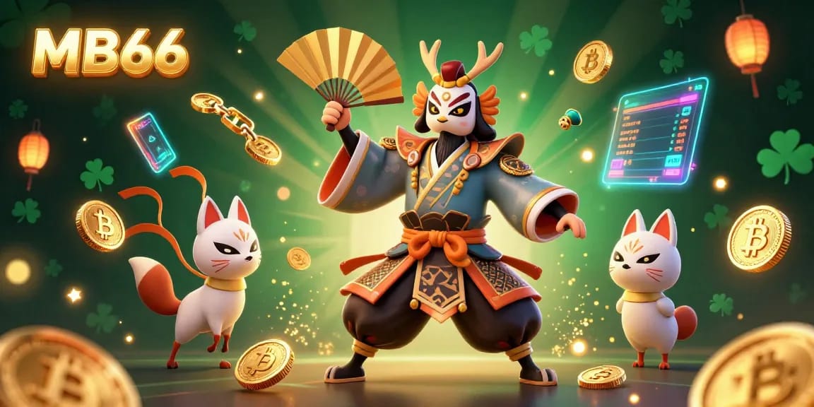 Engage with MB66 Casino featuring an energetic scene filled with vibrant characters and blockchain elements.