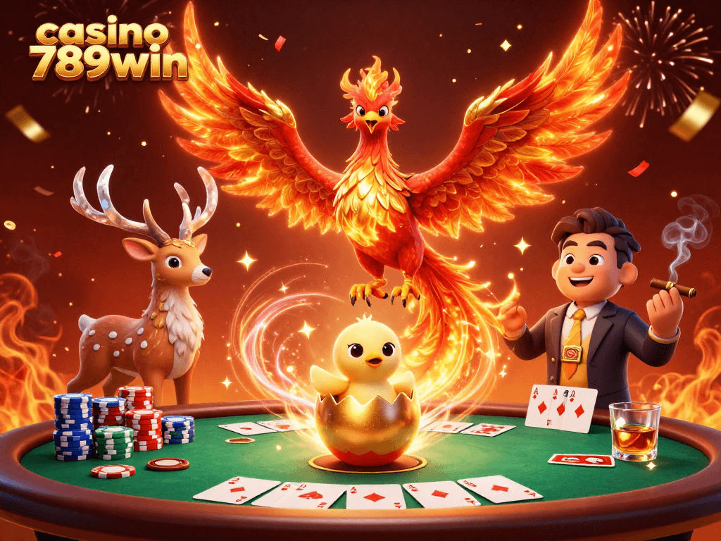 Engage with casino 789win featuring a dynamic 3D illustration of a phoenix amidst poker elements.