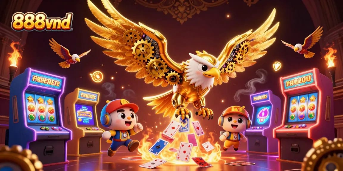 Immerse yourself in 888vnd's vibrant casino world with dynamic golden eagle diving through holographic cards.