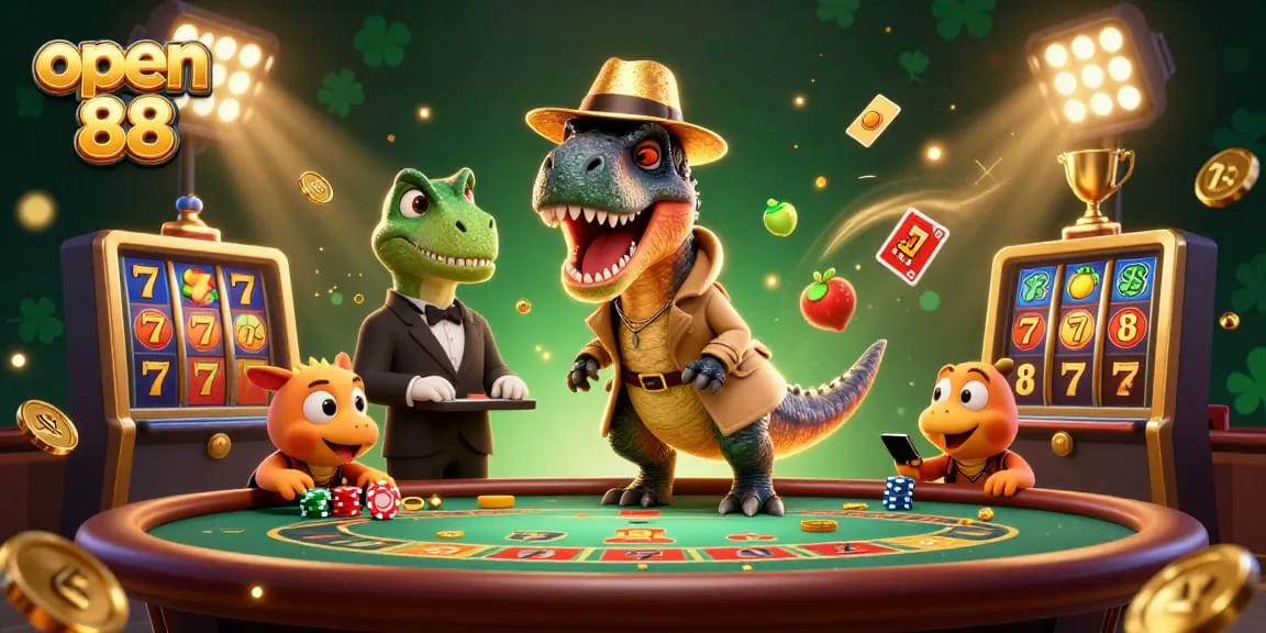 Experience thrilling gameplay at open 88 with a humorous 3D dinosaur casino scene.