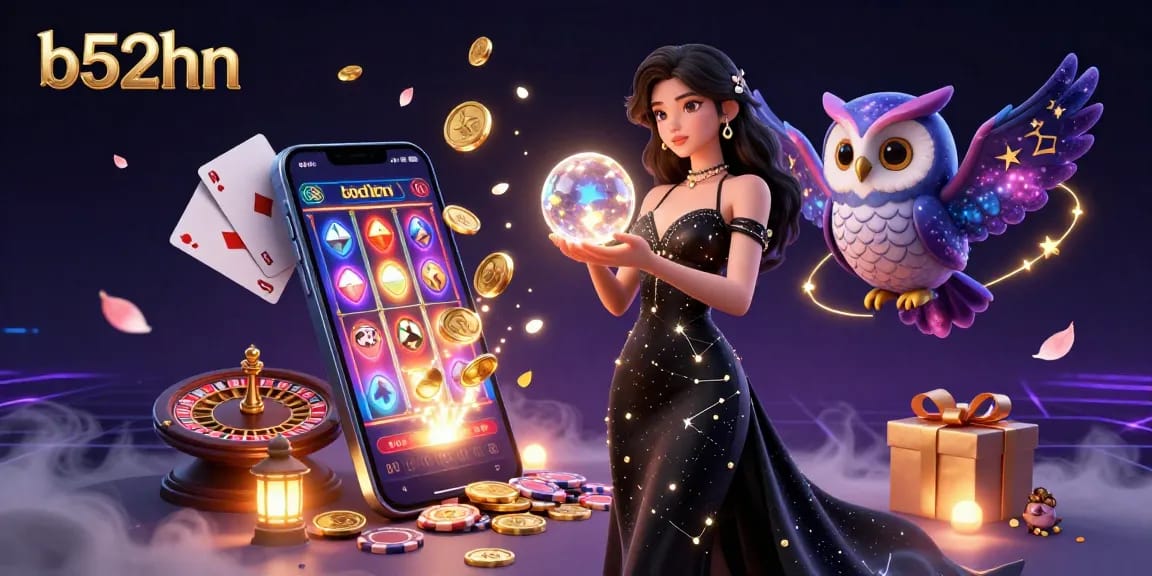 b52hn offers an enchanting scene of casino excitement with a magical woman and mystical owl amidst vibrant gaming elements.
