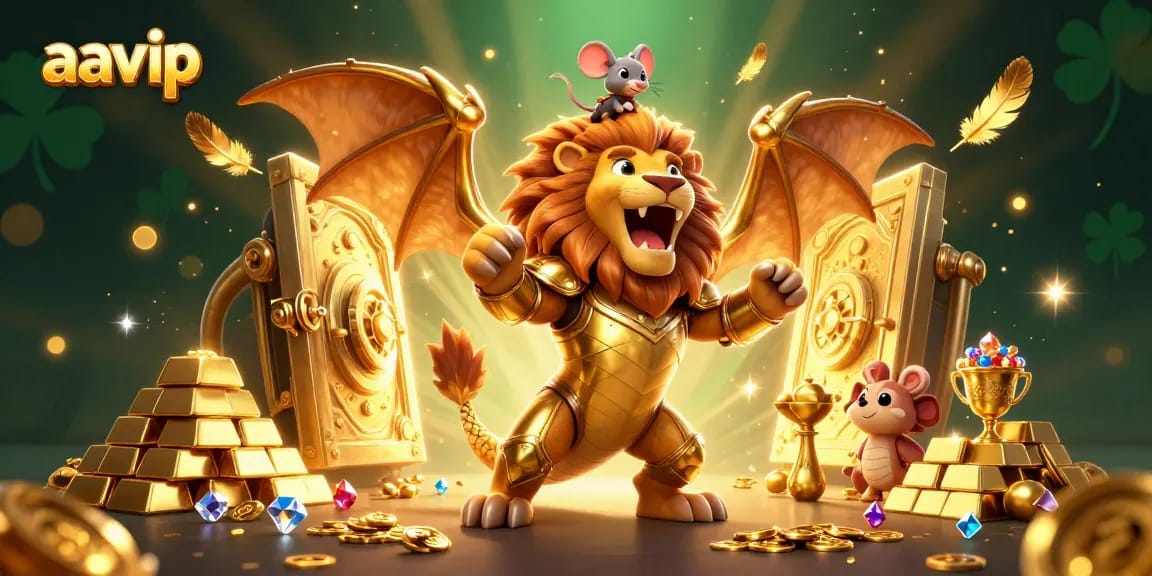 Aavip offers exhilarating gaming action with a roaring chimera and treasure overflowing in this richly detailed scene.