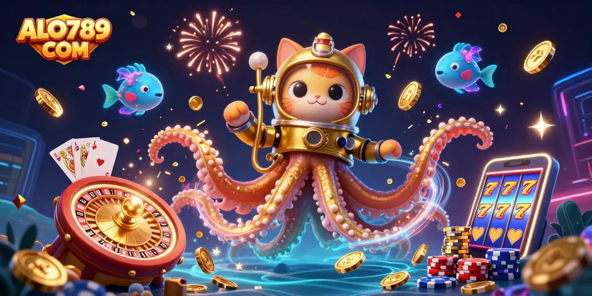 Bet on ALO789 COM with vibrant scenes of live cockfighting, treasure, and casino excitement.