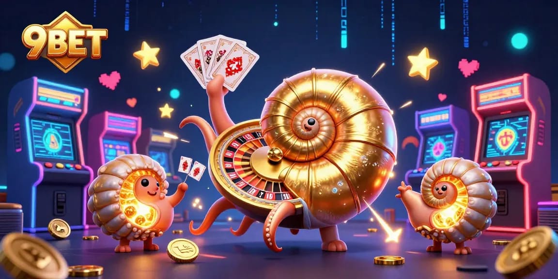 Engage with 9BET's thrilling gaming experience featuring vibrant 3D elements and casino excitement.