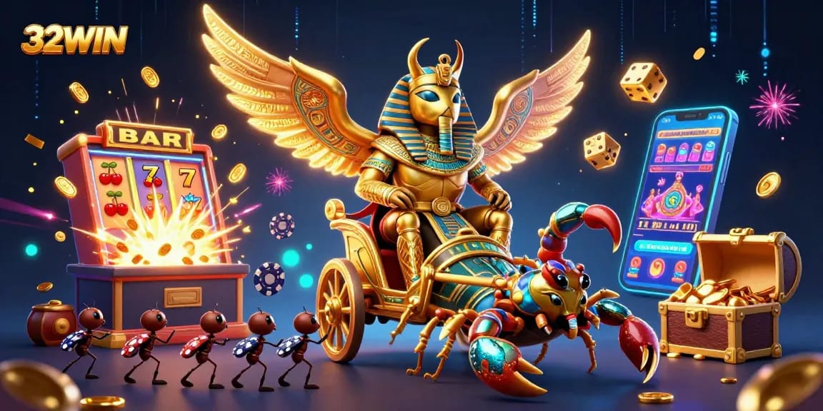 Experience the excitement of 32WIN with a golden scarab beetle and jackpot elements.
