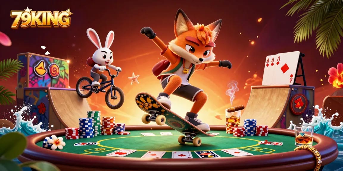 79KING ignites excitement as a skateboarder fox flips over poker chips, showcasing casino thrills.
