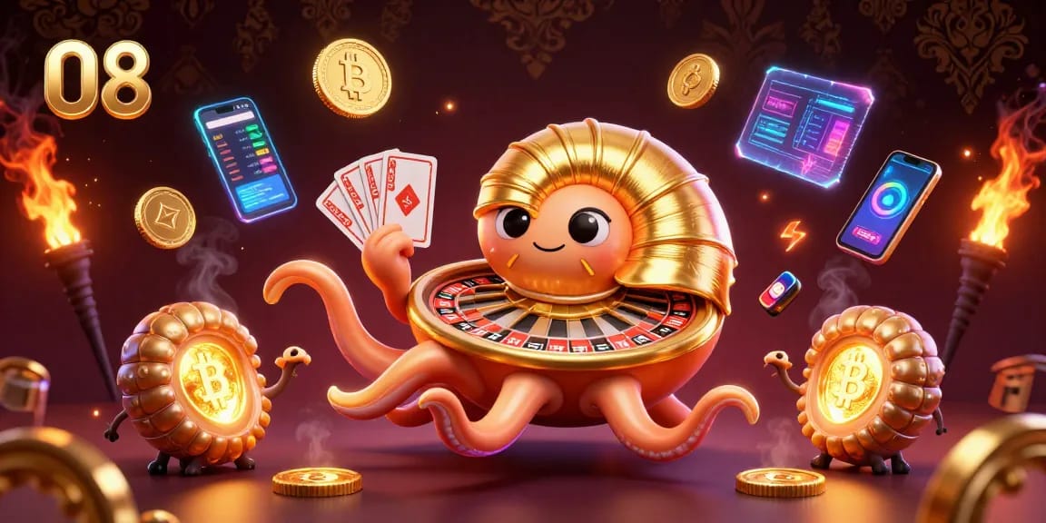 Engage with O8’s thrilling casino scene featuring an ancient nautilus roulette wheel and glowing cryptocurrencies.