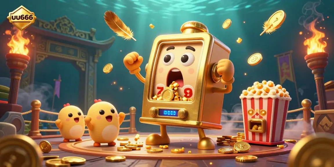 uu666 slot machine celebrating a jackpot with golden coins pouring out, surrounded by cheerful baby slots.