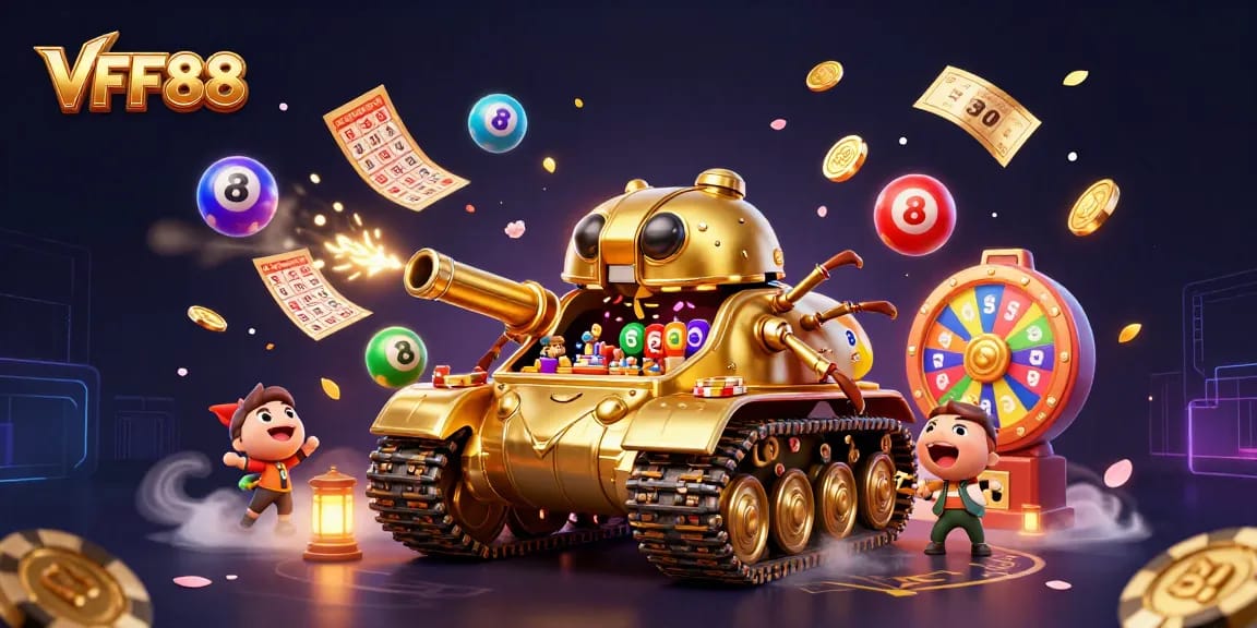 VFF88 captivates players with a vibrant casino scene in a 3D digital illustration.