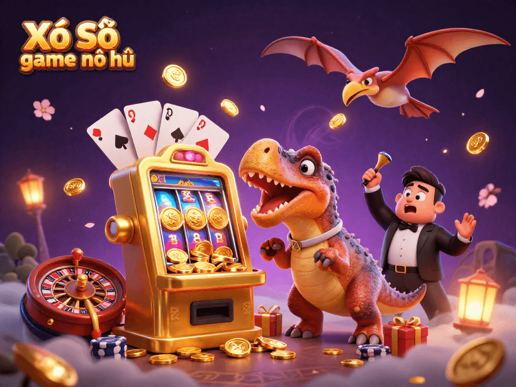 Spin the Xổ Số game nổ hũ jackpot with a dinosaur showdown in a vibrant casino scene.