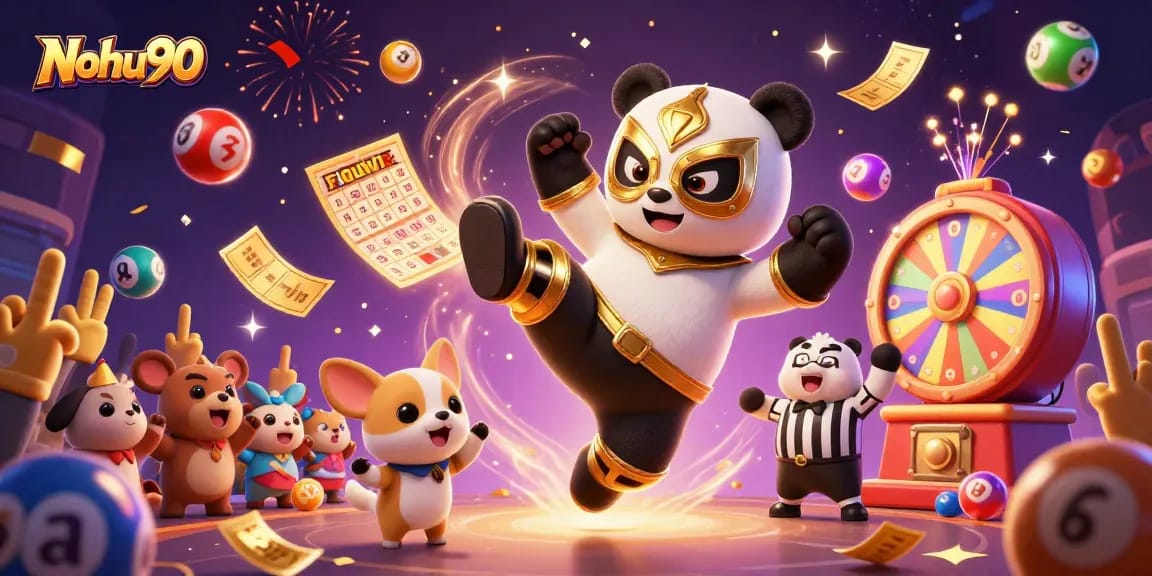Nohu90 features a lively 3D scene with a wrestling panda and jubilant animal fans celebrating winning slots and lottery games.