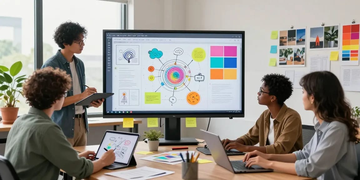 Team collaborating using mixboard AI on digital interface in vibrant workspace