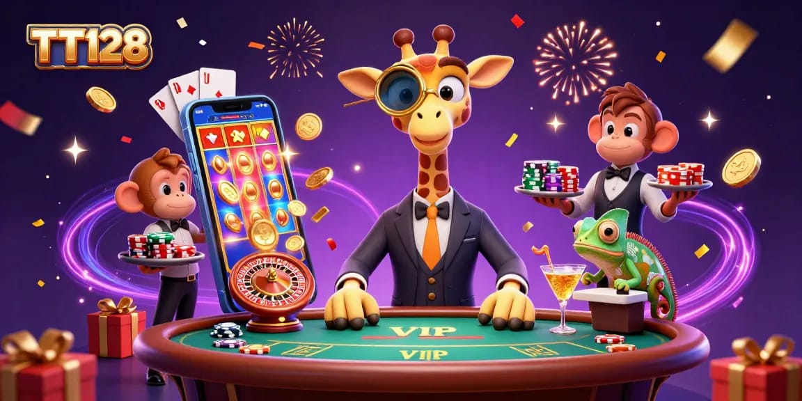 TT128 offers vibrant gaming action with a high-roller giraffe and animated casino elements.