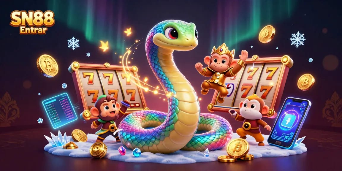 Experience winning with SN88 Entrar, featuring vibrant characters and casino elements in an immersive illustration.