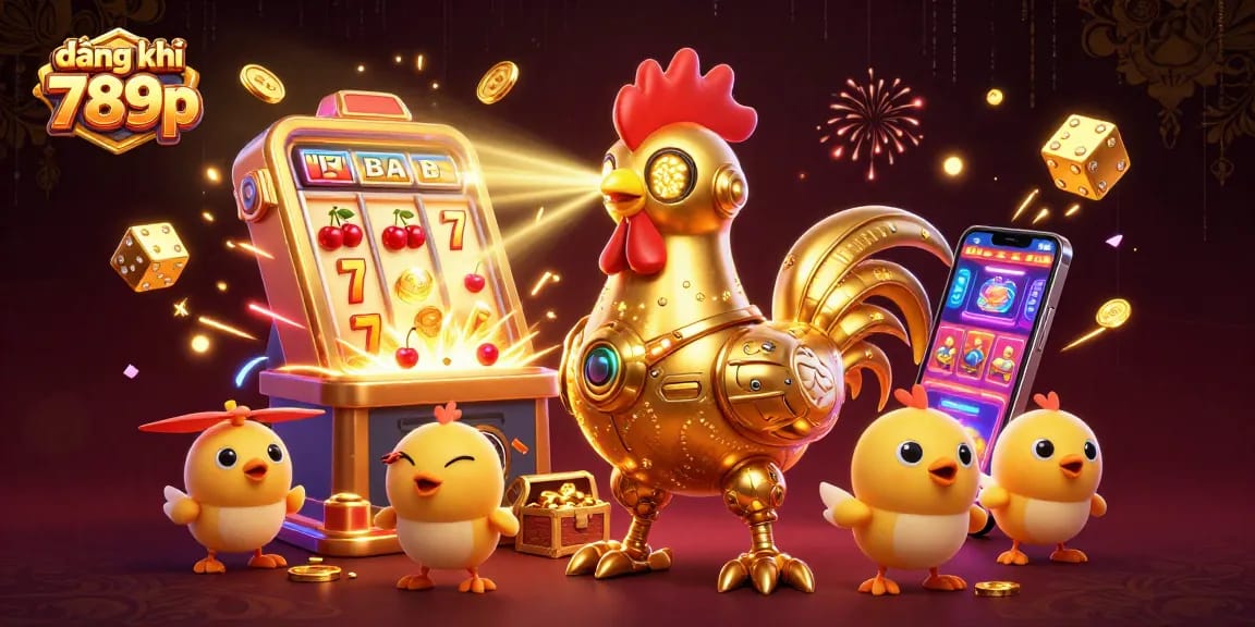 Experience the excitement of đăng ký 789p with a golden rooster robot and baby drones in a dynamic casino scene.