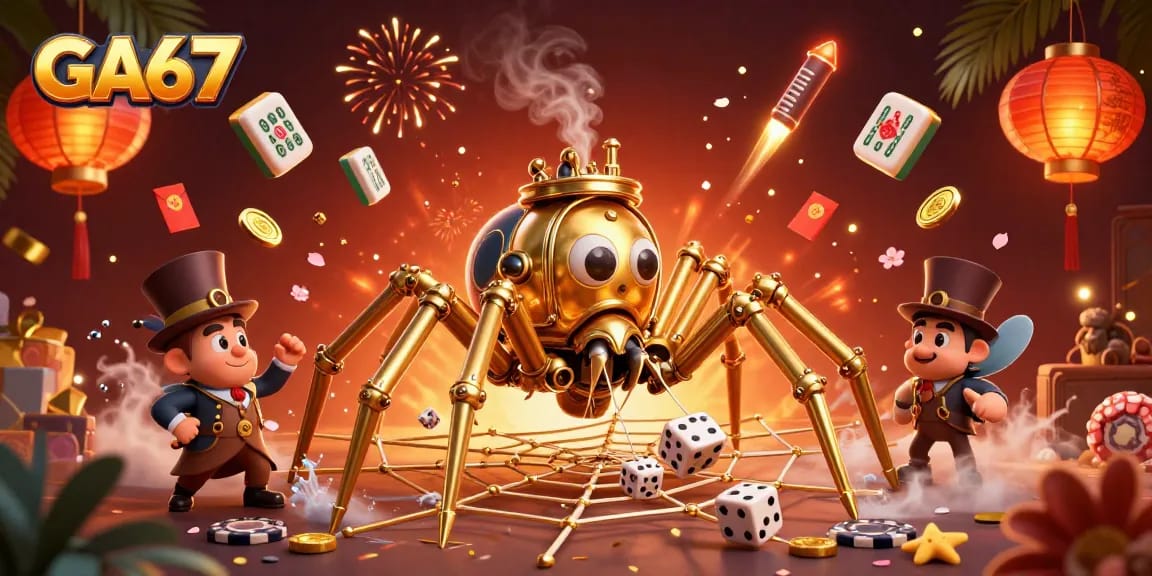 Engage with GA67's online cockfighting arena showcasing dynamic steampunk elements and gold accents.