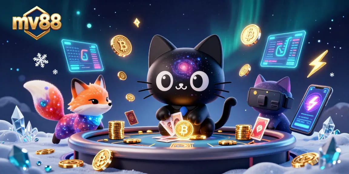 Engage with mv88's immersive cosmic casino atmosphere featuring a black hole cat and colorful fox.
