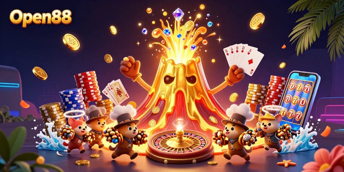 Open88 brings excitement with a golden volcano and treasures in a vibrant casino scene