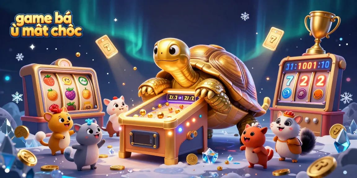 Engaging scene showcasing game bài ù mạt chược with a cartoon tortoise as a pinball machine, vibrant and dynamic.