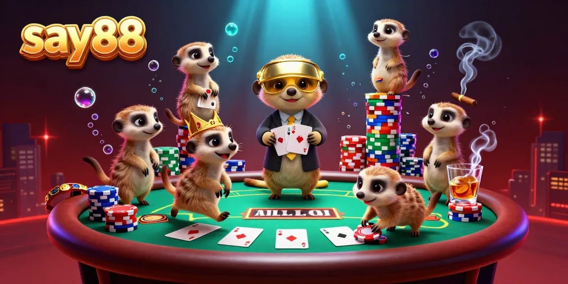 Engage in thrilling casino action at say88 with meerkats operating a vibrant poker table.