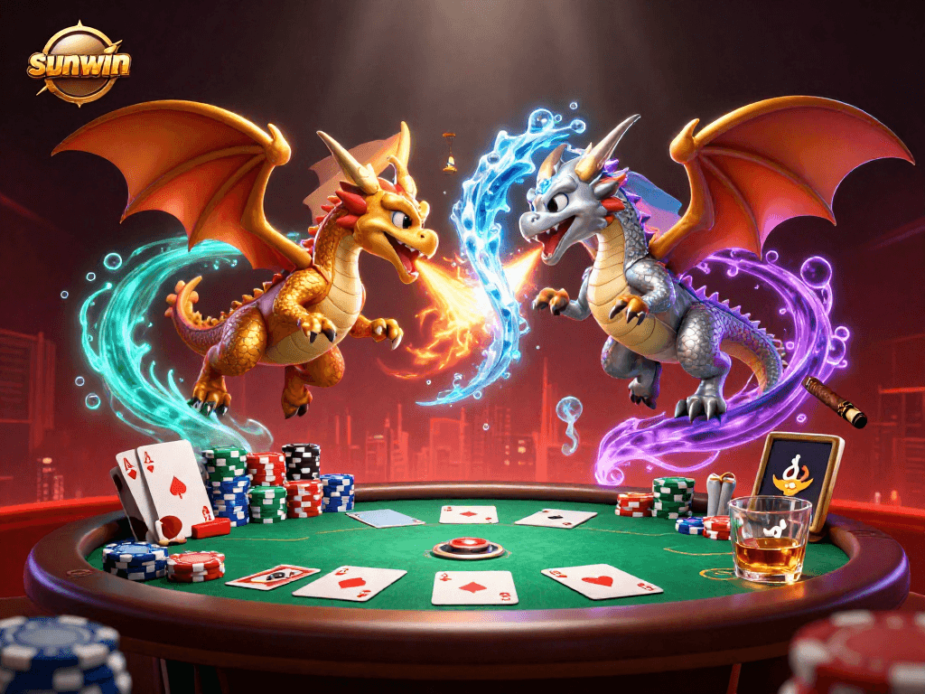 Engage in thrilling gameplay at sunwin with dynamic scenes featuring gold and silver dragons and poker elements.