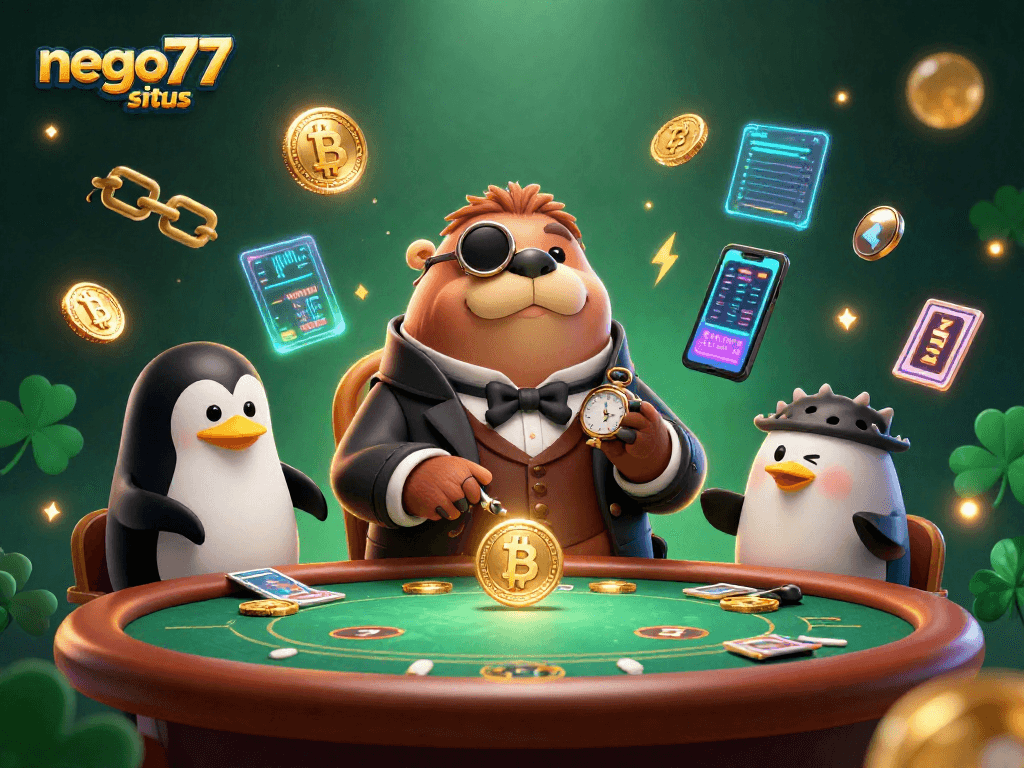 Engage in thrilling slots at nego77 situs with a jolly walrus and dynamic casino elements.