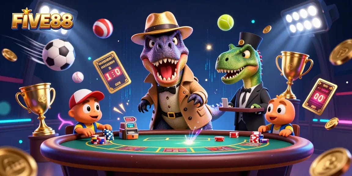 FIVE88's vibrant illustration depicts a velociraptor card counter at a blackjack table with dynamic sports elements