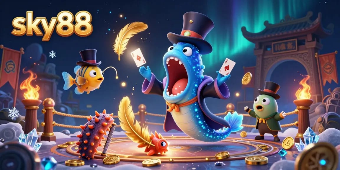 Experience thrilling card tricks by sky88’s bioluminescent eel magician, surrounded by vibrant casino elements.