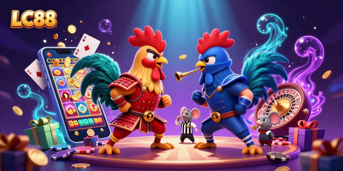 Engage with LC88's thrilling casino games through an epic showdown between samurai and ninja roosters.