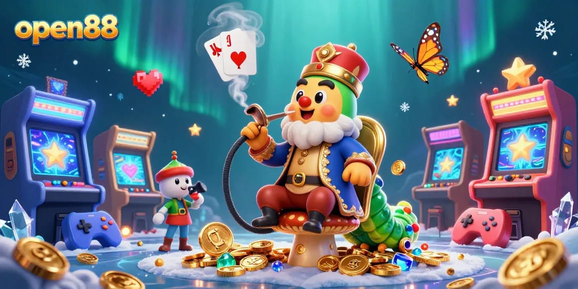 Engage with open88's thrilling gaming universe, led by a captivating caterpillar figure in a vibrant casino.