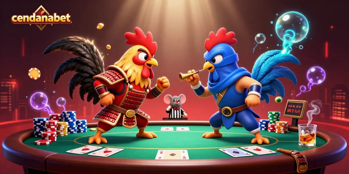 Cendanabet showcases an intense rooster standoff in a vibrant casino scene with poker elements.