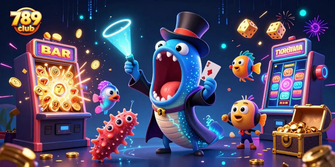 Catch vibrant casino action with 789 club, showcasing undersea characters performing magic tricks in a lively gaming scene.