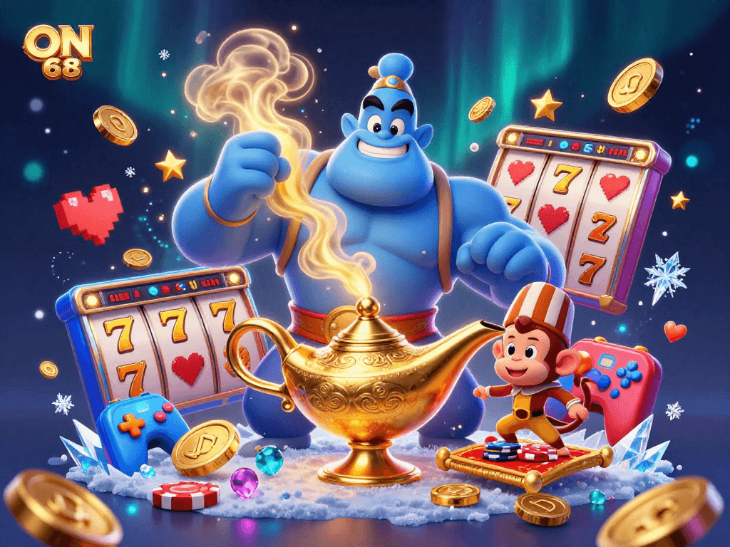 Play slots and win with ON 68 at this vibrant 3D casino-inspired illustration featuring a genie.