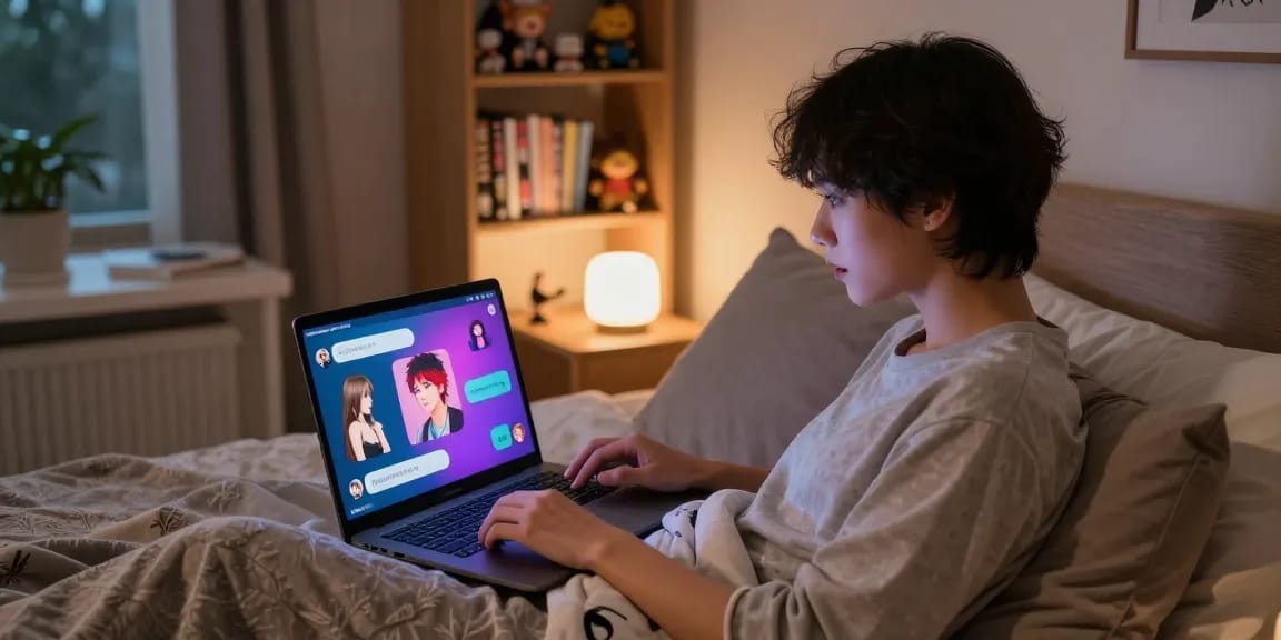Interactive AI chat hentai experience in a cozy bedroom setting with vibrant character avatars.
