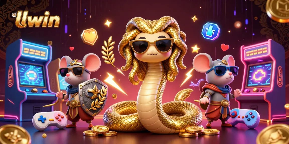 Experience thrilling gameplay at llwin with a vibrant casino-themed illustration featuring Medusa and arcade machines.