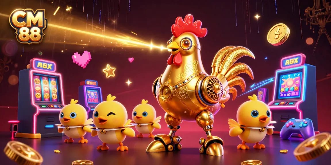 Experience the excitement of CM 88 with a colorful, dynamic casino scene featuring a golden rooster and game elements.