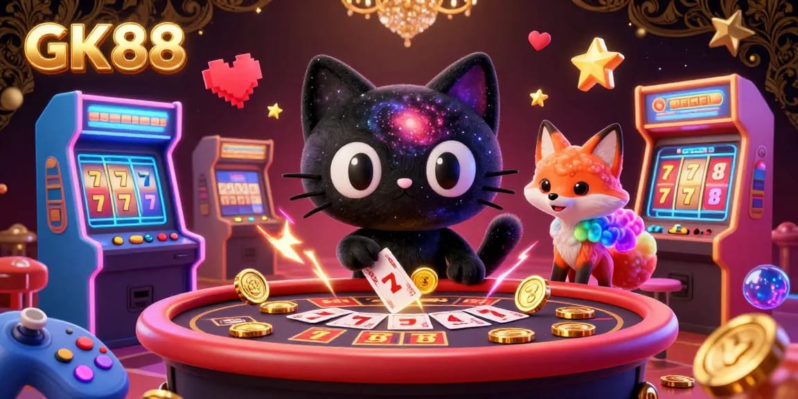 GK88's exciting casino experience with a cosmic cat attracting chips and cards at a vibrant gaming table.