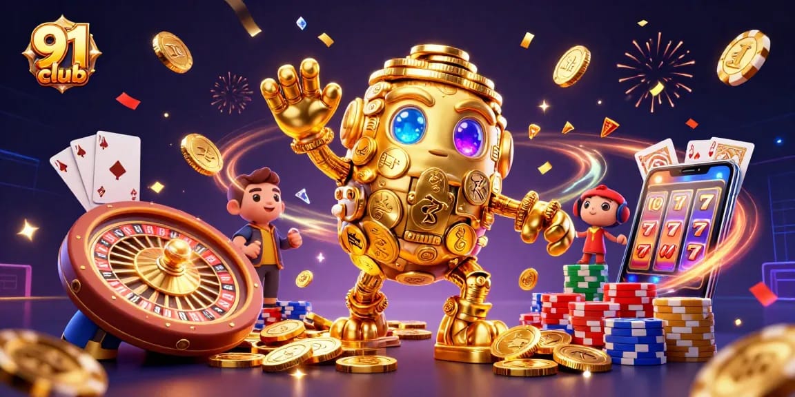 Experience the thrill of the 91 club with a lively 3D illustration showcasing dynamic casino elements.