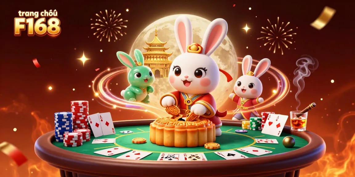 Engage with the vibrant energy of trang chủ F168 depicting a moon rabbit celebrating casino wins amidst poker chips and festive elements.