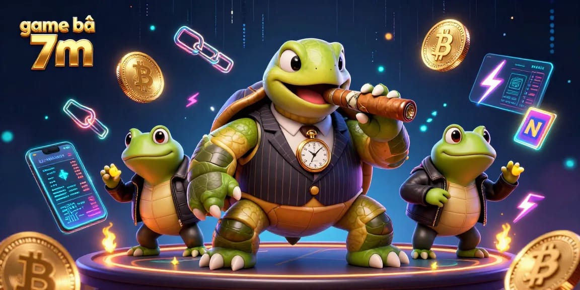 Engage in game bài 7m with a thrilling 3D casino scene featuring a mobster turtle and frog enforcers.